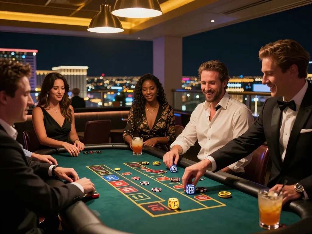 Jdclub9vip players celebrating wins at a rooftop casino bar with vibrant city views