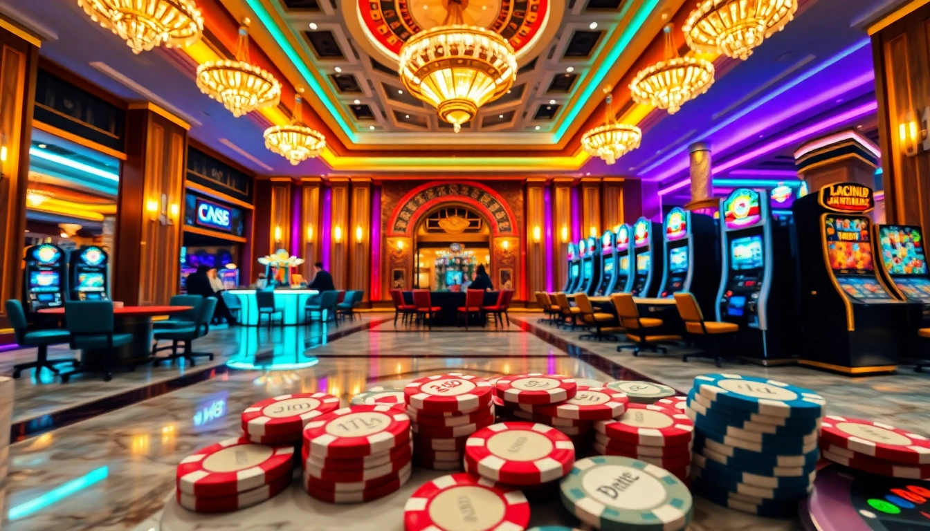 Engaging scene at trang chủ tt88 with poker tables, roulette wheel, and vibrant casino ambiance.