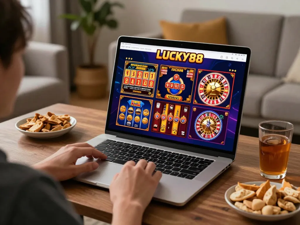 Engaging with LUCKY88 online casino games at home, enjoying a cozy setup for vibrant gaming.