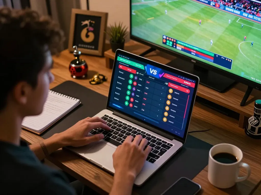 Engaging user placing bets on 7m sports matches through online platform with vibrant visuals.
