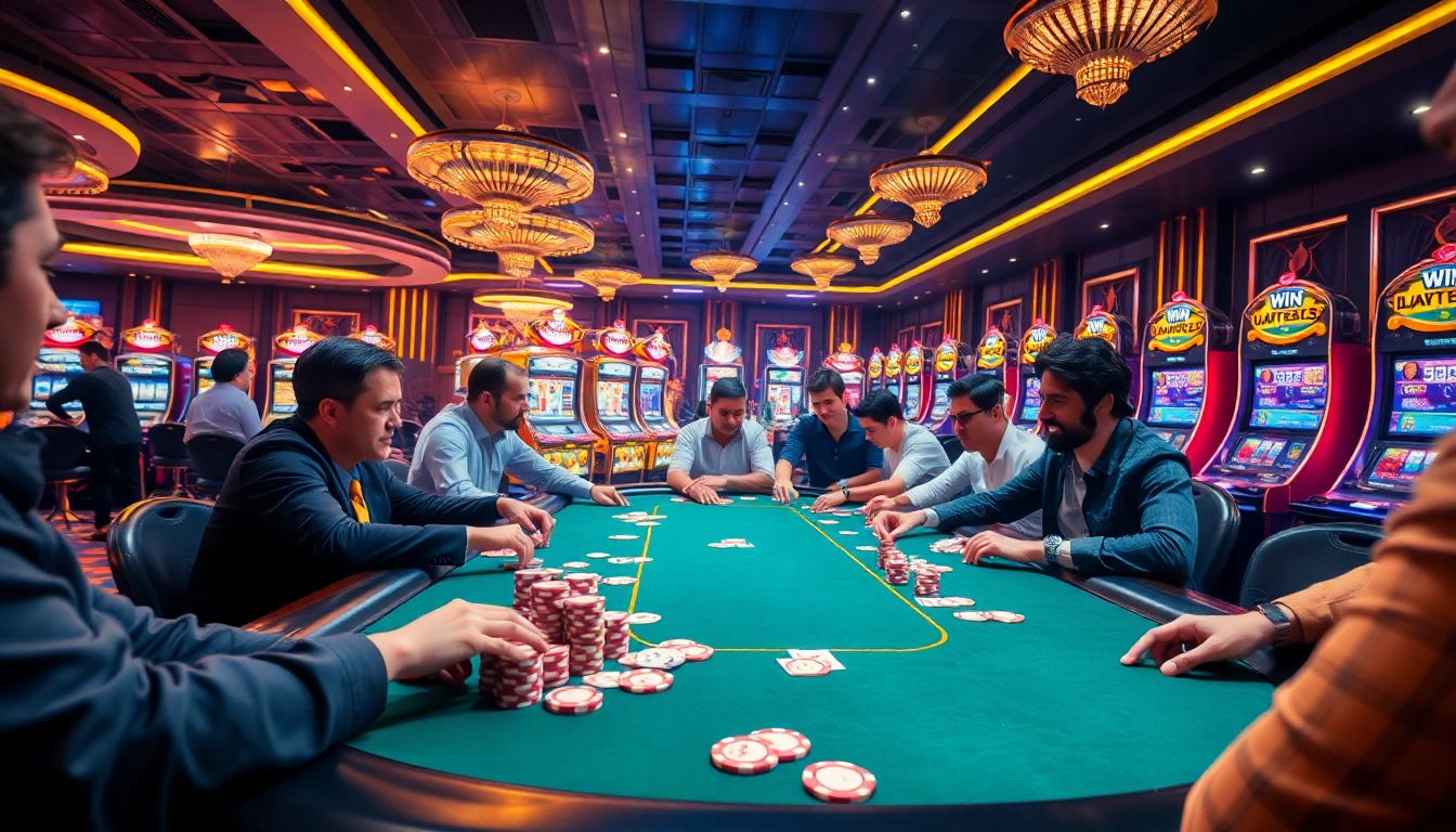 Win55 players enjoying an exciting poker game surrounded by vibrant slot machines.