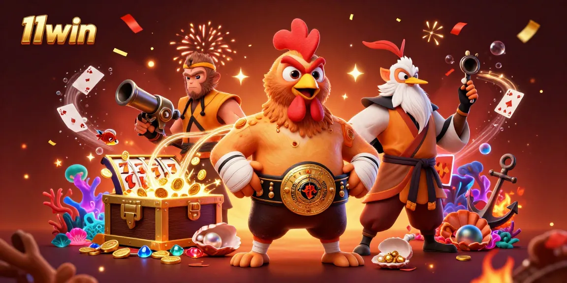 Win big with 11win in a vibrant casino world featuring action-packed characters and gold treasures.