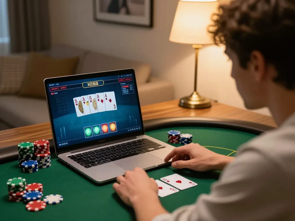 Engaging online poker gameplay on HZ88 with colorful chips and focused player in a cozy setting.