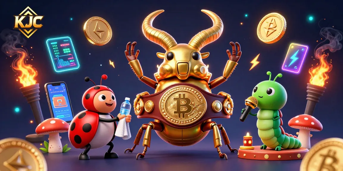 KJC showcases a dynamic scene with a golden stag beetle fighting in a casino-themed setting filled with Bitcoin elements and glowing details.
