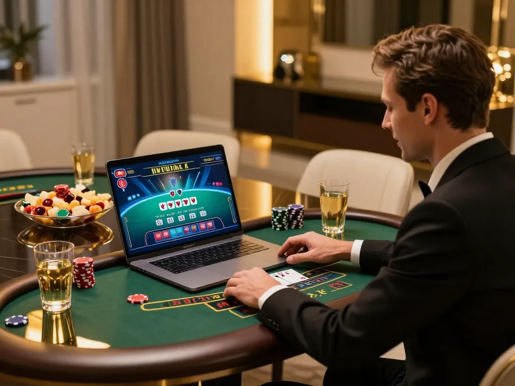 Engaged player experiencing live dealer blackjack at home, showcasing 33Win luxury atmosphere and excitement.
