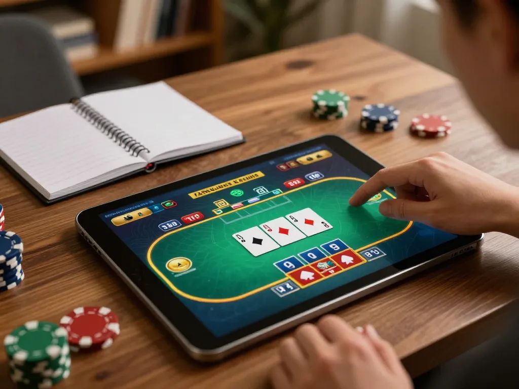 Players engaging in a thrilling poker game on TR88it, using tablets for online betting.