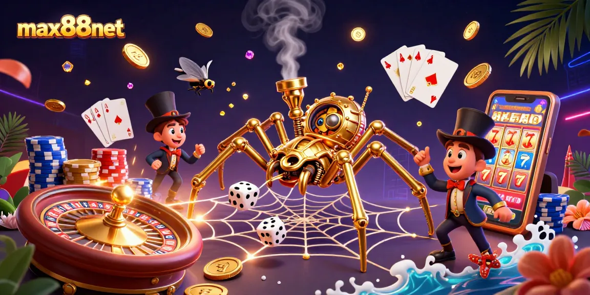 Win big with max88net's thrilling 3D casino action, featuring a steampunk spider and gaming elements.