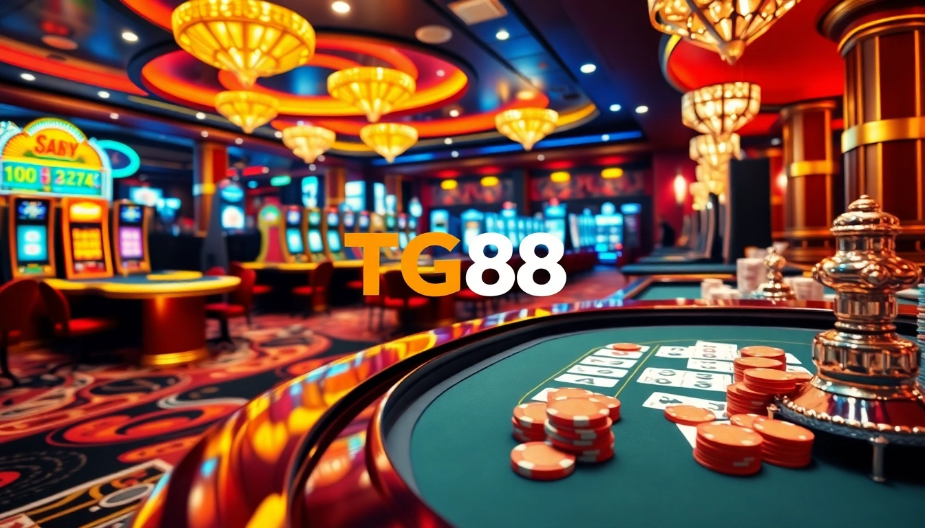 TG88 players enjoying vibrant casino games with poker chips and a roulette wheel.