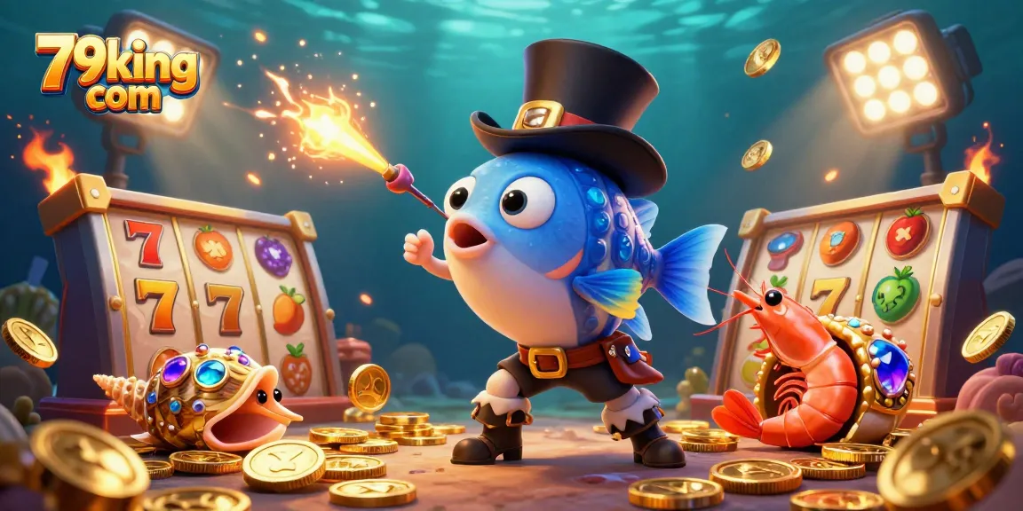 Engage players with 79king com featuring glowing coins and dynamic slot reels in a vibrant underwater scene.