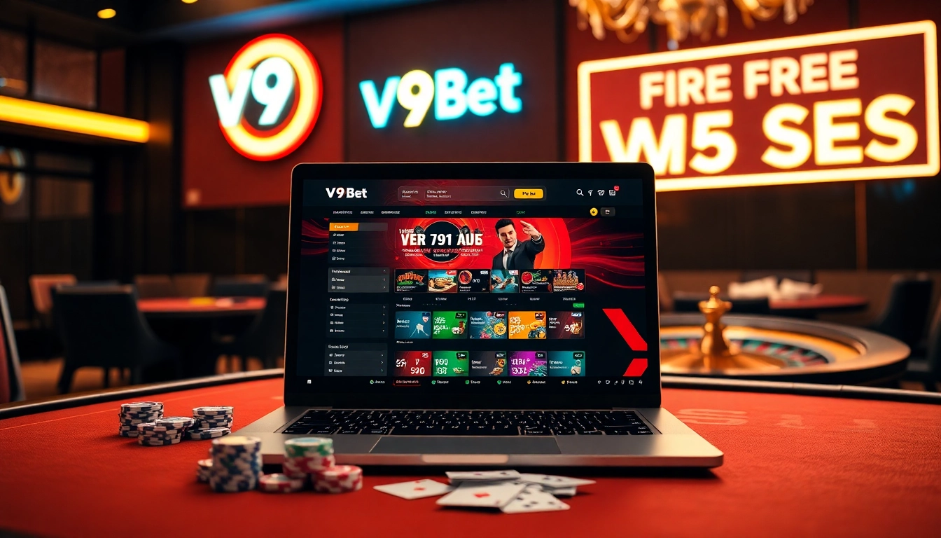 Exciting gaming experience at Nhà cái V9bet with poker chips and roulette in a luxurious casino.