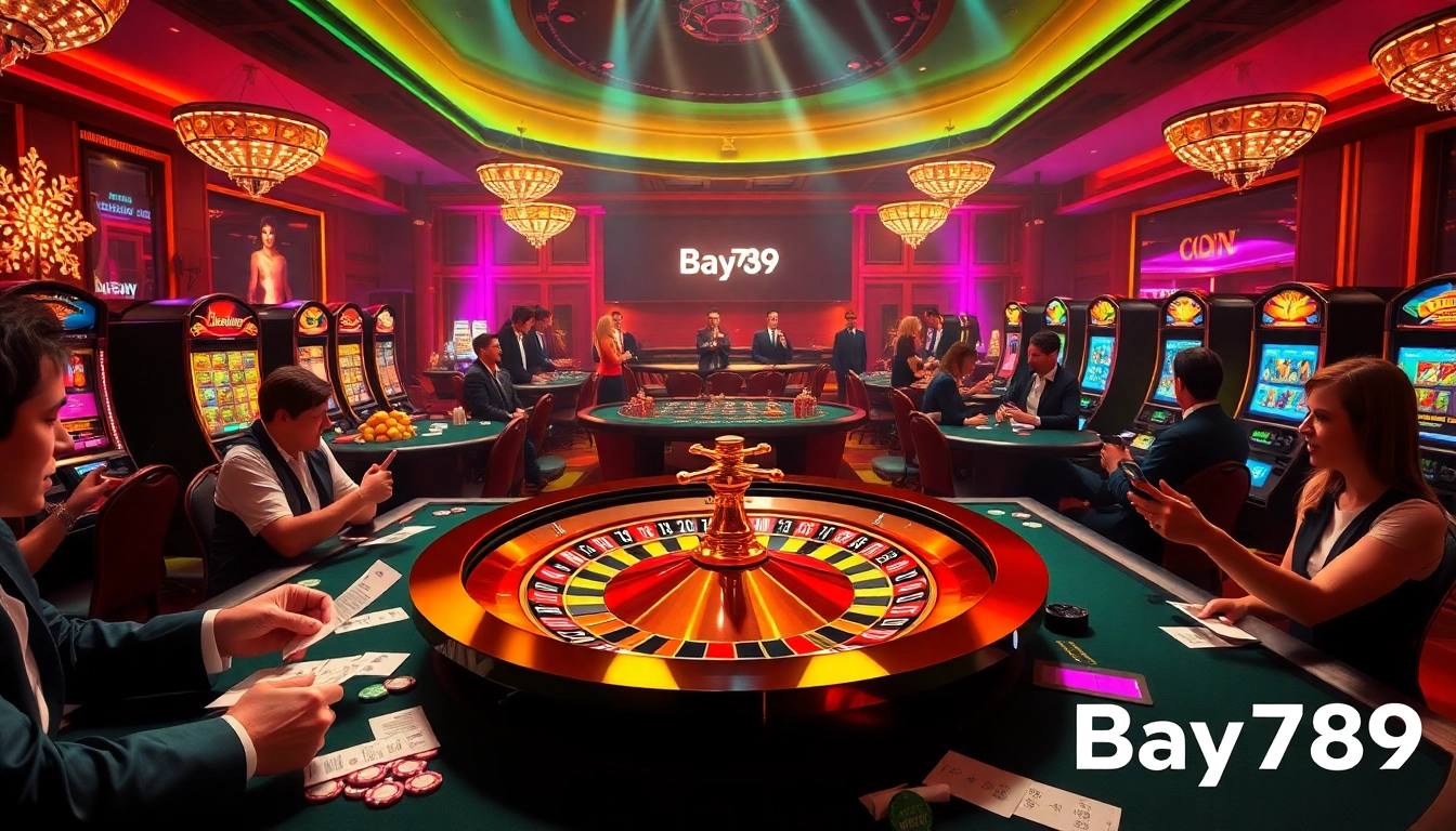 Bay789 casino experience with players engaging at tables and slot machines in a vibrant atmosphere.
