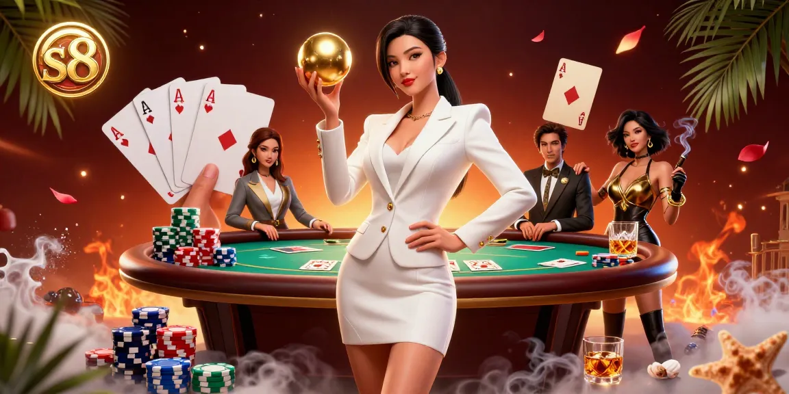 A gorgeous Asian woman at a casino table from s8, confidently holding a roulette ball with colorful poker chips surrounding her.