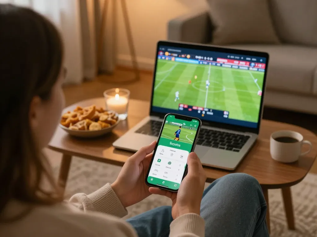 Socolive app in action on smartphone while watching a live football match in a cozy home setting.