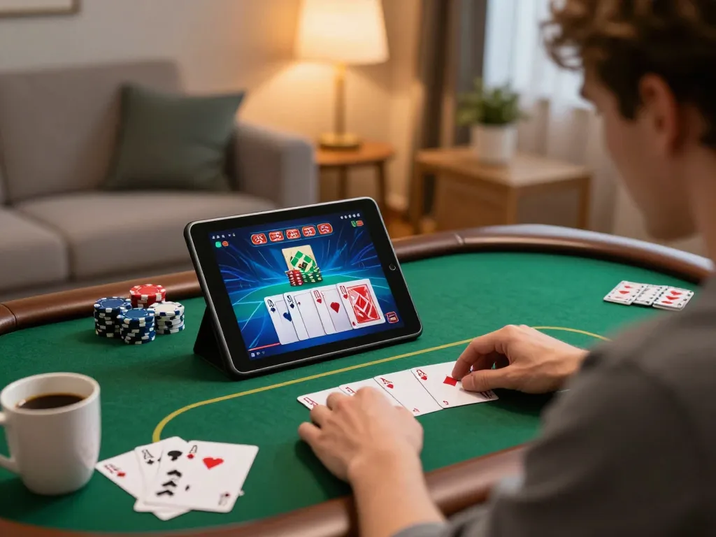 Engaged player at home using go8 online channel for casino gaming on tablet with chips.