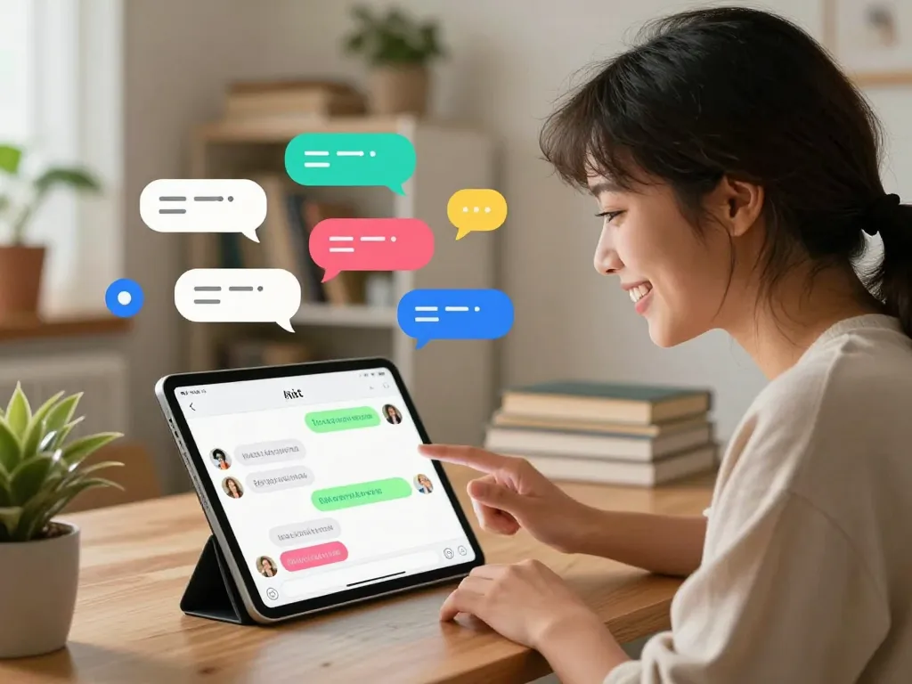 Bright user engaging with spicy chat ai on a tablet in a cozy study.