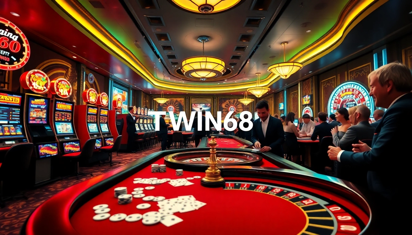 TWIN68 casino floor with vibrant slot machines, poker tables, and joyful players.