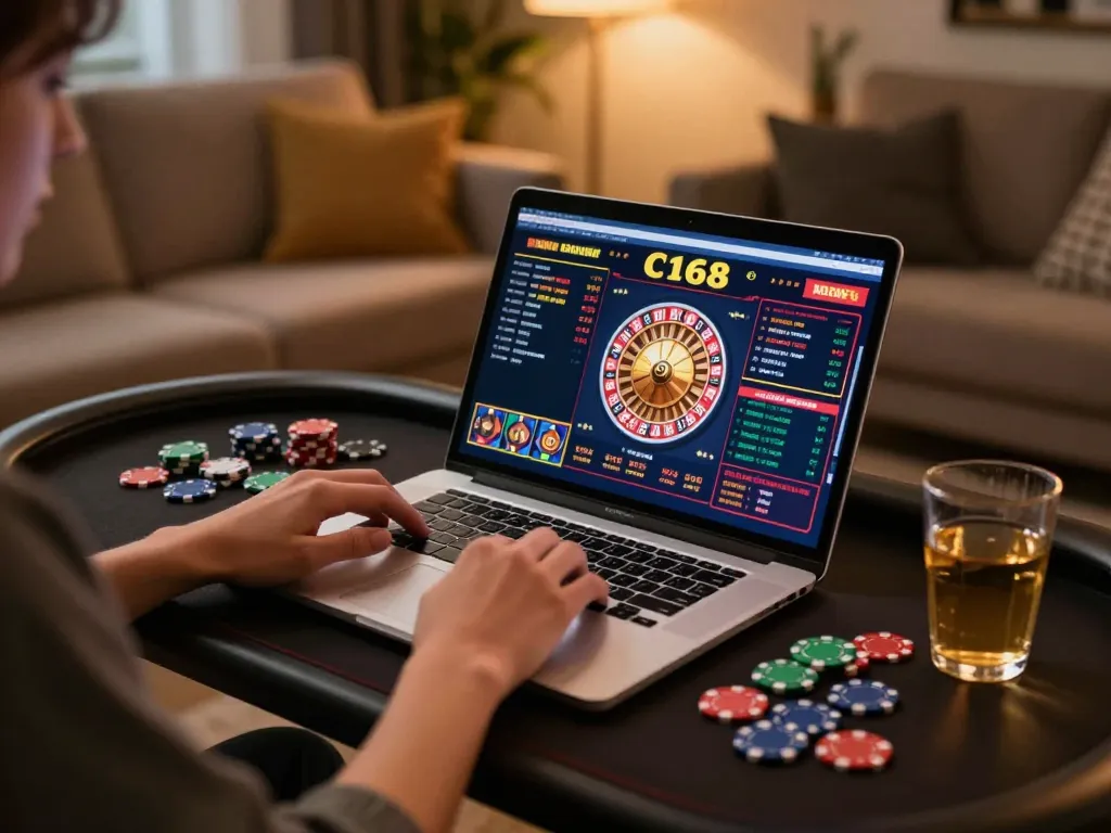 Player engaging in C168 online casino game on a laptop, showcasing colorful chips and virtual roulette wheel.