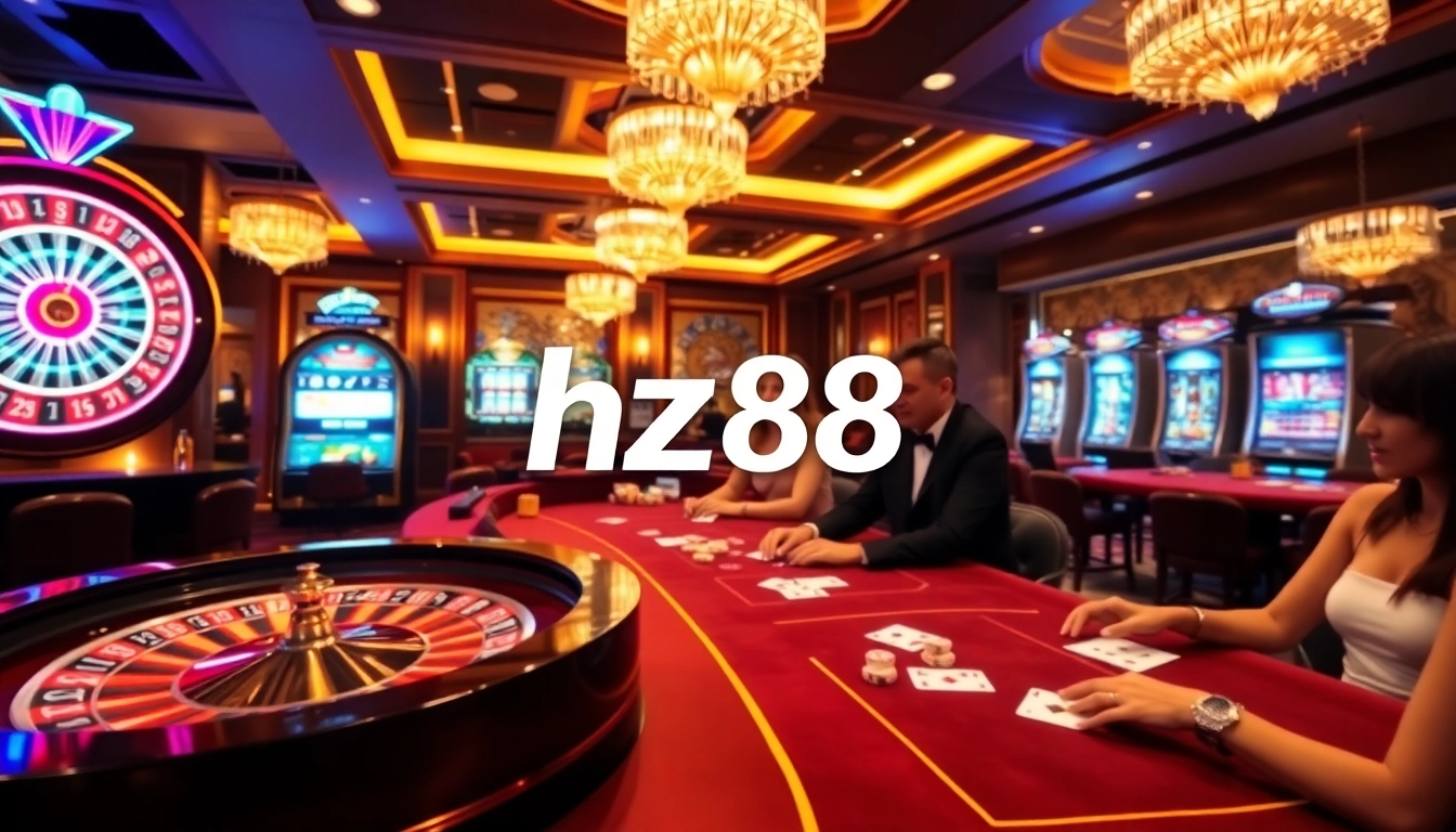 Experience high-stakes gaming with hz88 in an upscale casino, featuring baccarat and slot machines.