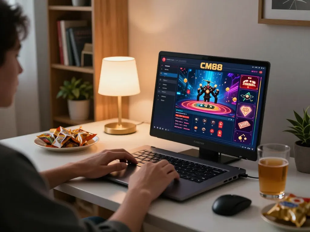 Engaged player exploring cm88 casino interface on a laptop in a warm home setting