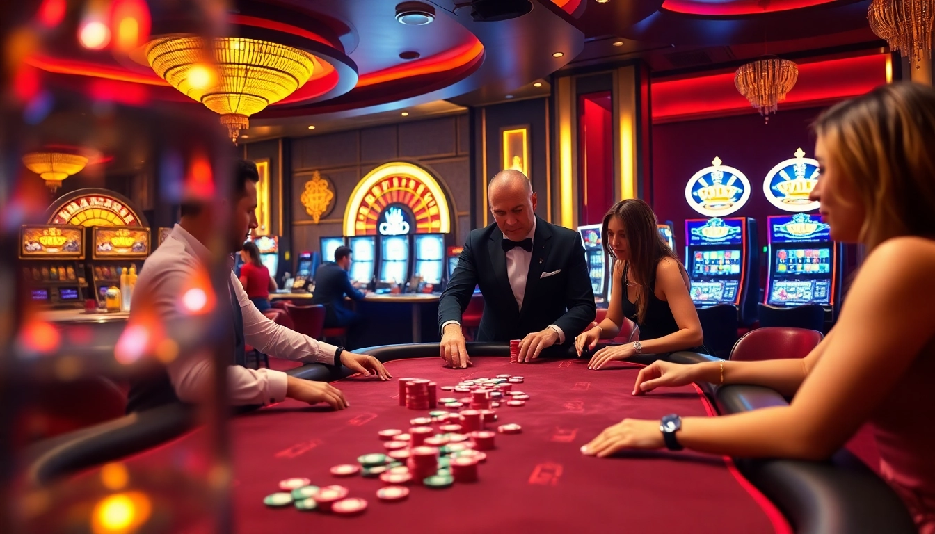 Players engaging in a high-stakes game at the hit club casino table, with vibrant chips and a professional dealer.