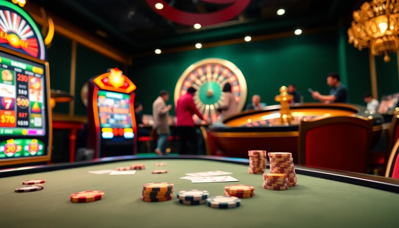 Play the exciting lc88 bet at a vibrant casino table with poker chips and a spinning roulette wheel.