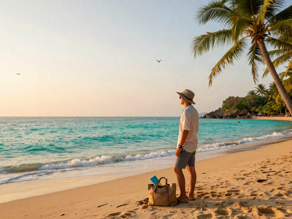 Traveler at a scenic Vietnamese beach at sunrise on https://joeyvisavietnam.com/ enjoying a tranquil moment by the sea.