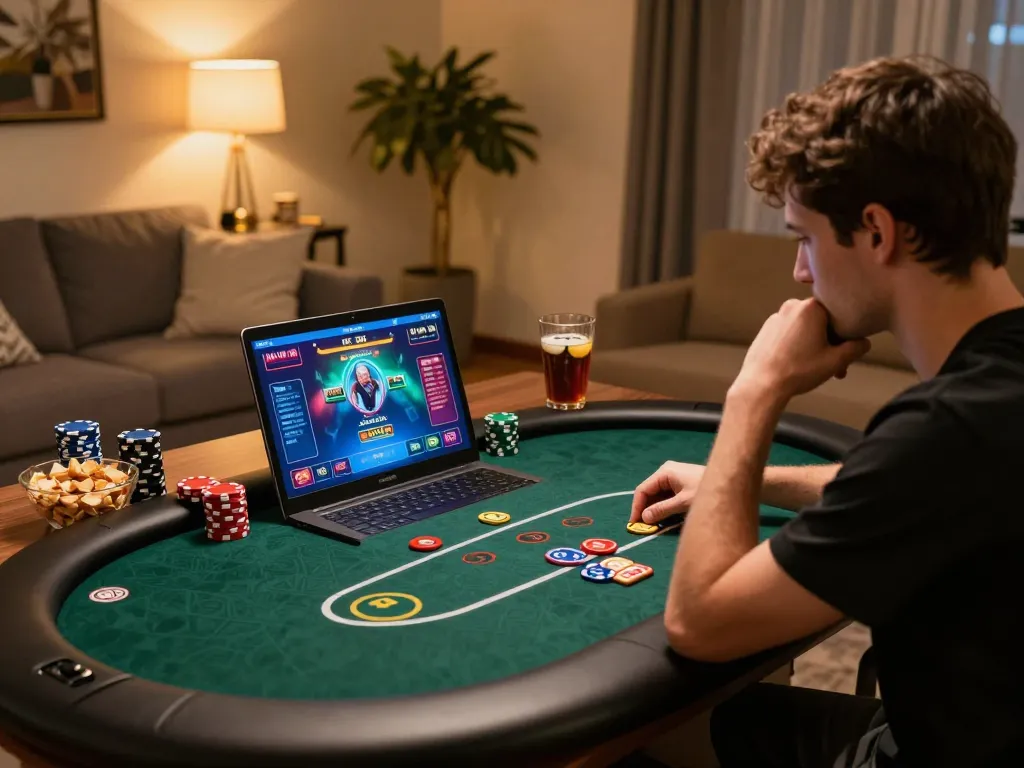 Engaging in strategic poker gameplay at home using RED88 online casino interface, creating a dynamic gaming experience