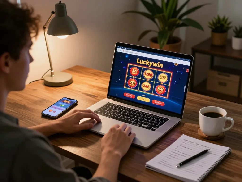 Engaging with Luckywin online casino on laptop in a cozy home setting, promoting responsible gambling