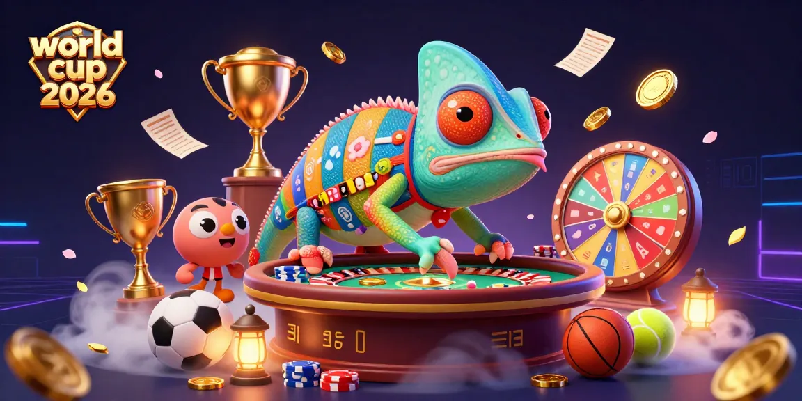 Engage with the vibrant world cup 2026 betting scene featuring a chameleon casino owner capturing golden coins, dynamic sports balls, and exciting prizes.
