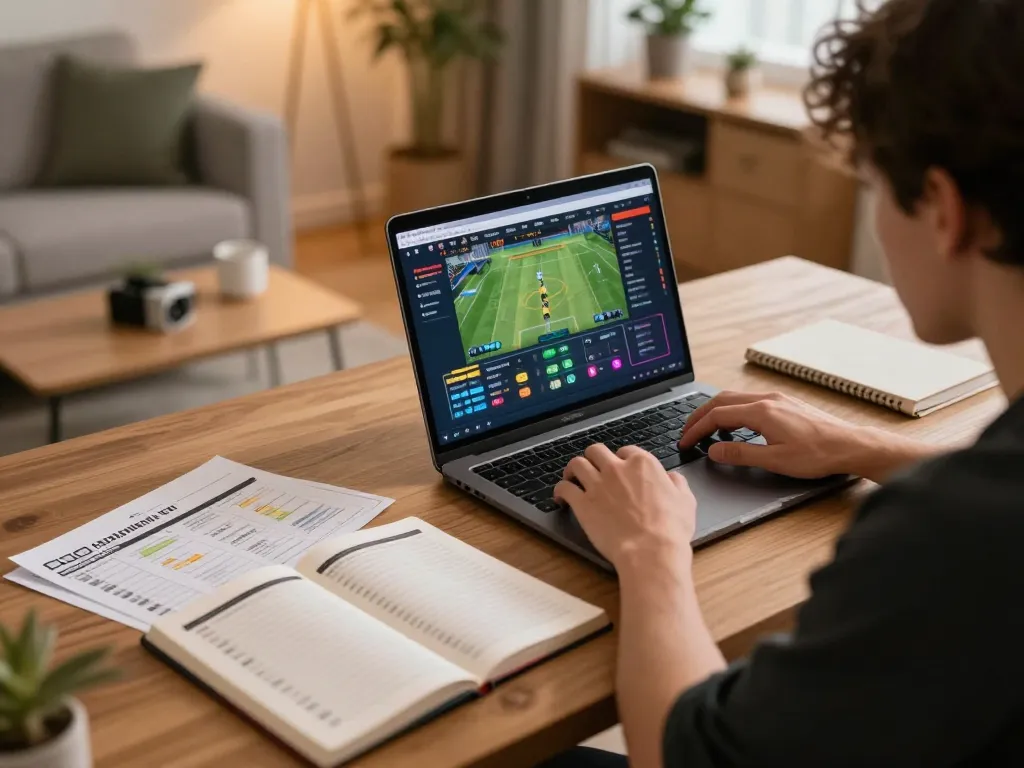 Engaging online gaming scene at https://ea77.lat/ showcasing strategic sports betting on a laptop.