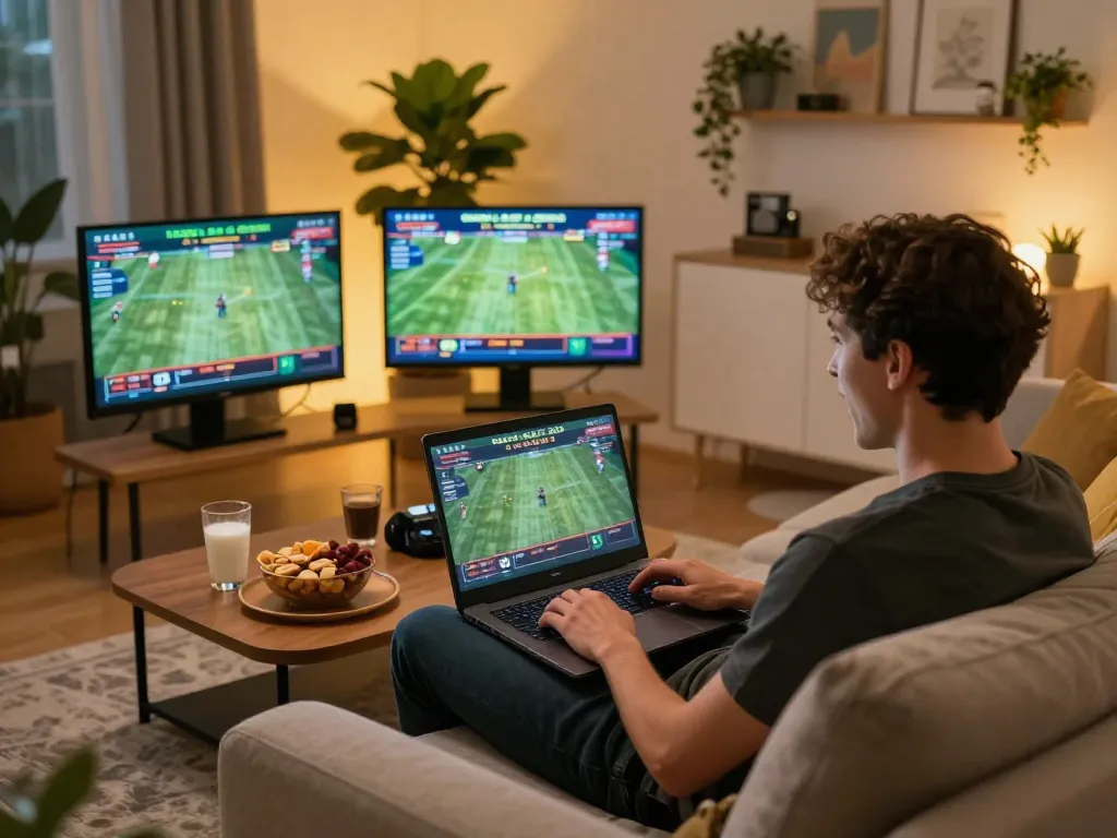 Person excitedly placing bets on dn88 during an online sports betting session in a cozy setting