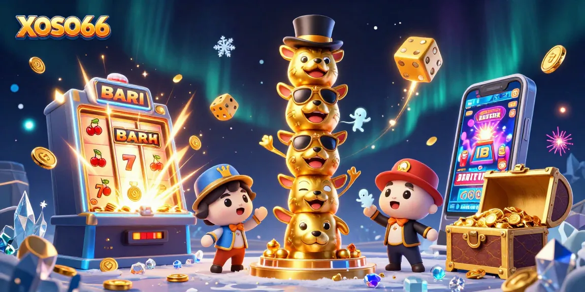 XOSO66 showcases a vibrant casino atmosphere with a golden totem pole, jackpotted slot machines, and animated elements igniting excitement.