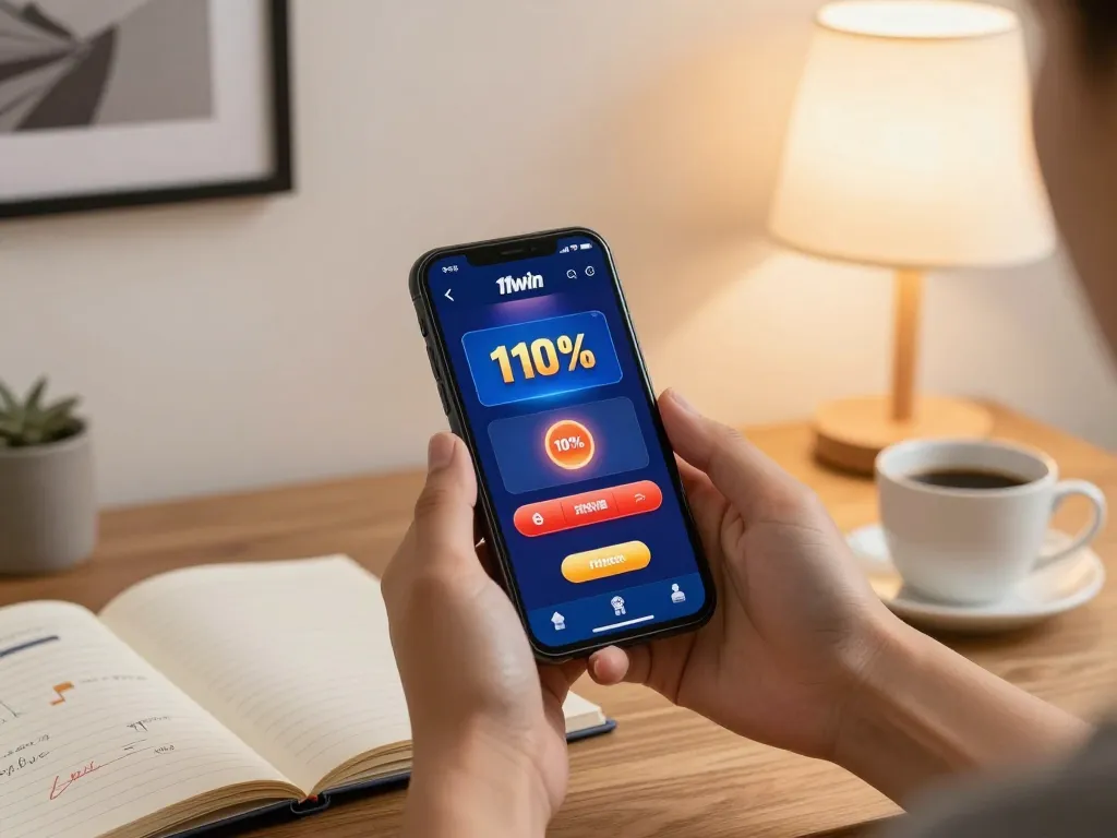 Engaging with the 11win casino app on a smartphone during a cozy home gaming session.