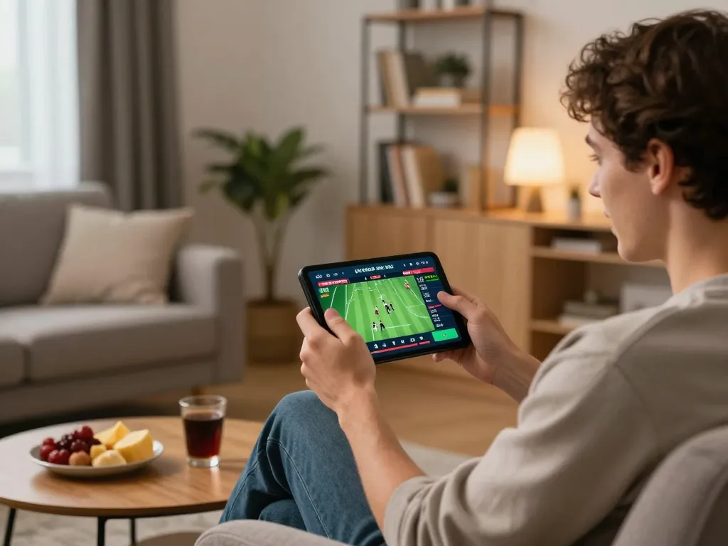 Engaging in mobile sports betting with bcx88 app, showing live odds and match stats in a cozy home setting.