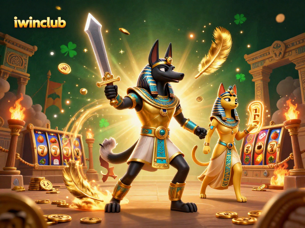 Experience thrilling gameplay with iwinclub, featuring Anubis and Bastet in a vibrant slot scene.