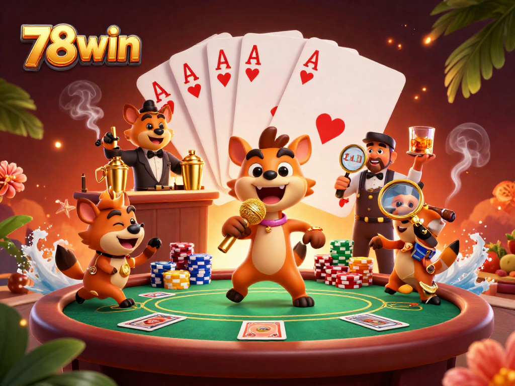 Experience the vibrant casino atmosphere at 78win with hyenas as entertainers and iconic gaming elements.