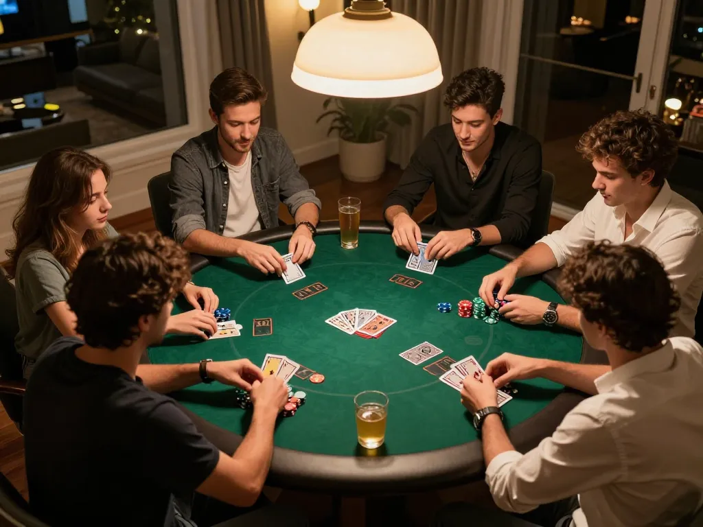 Kèo Nhà Cái players enjoying a friendly poker night gathering, analyzing strategies while chips are placed on the table.