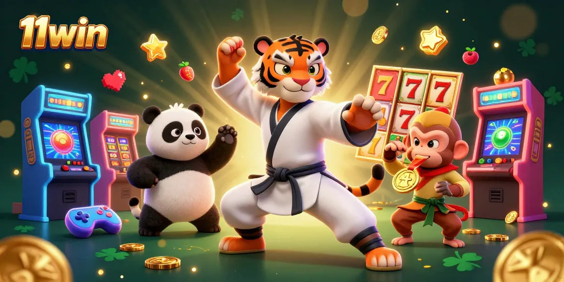 11win showcases a kung fu tiger master surrounded by vibrant slot reels and gaming elements, emphasizing thrilling casino action.