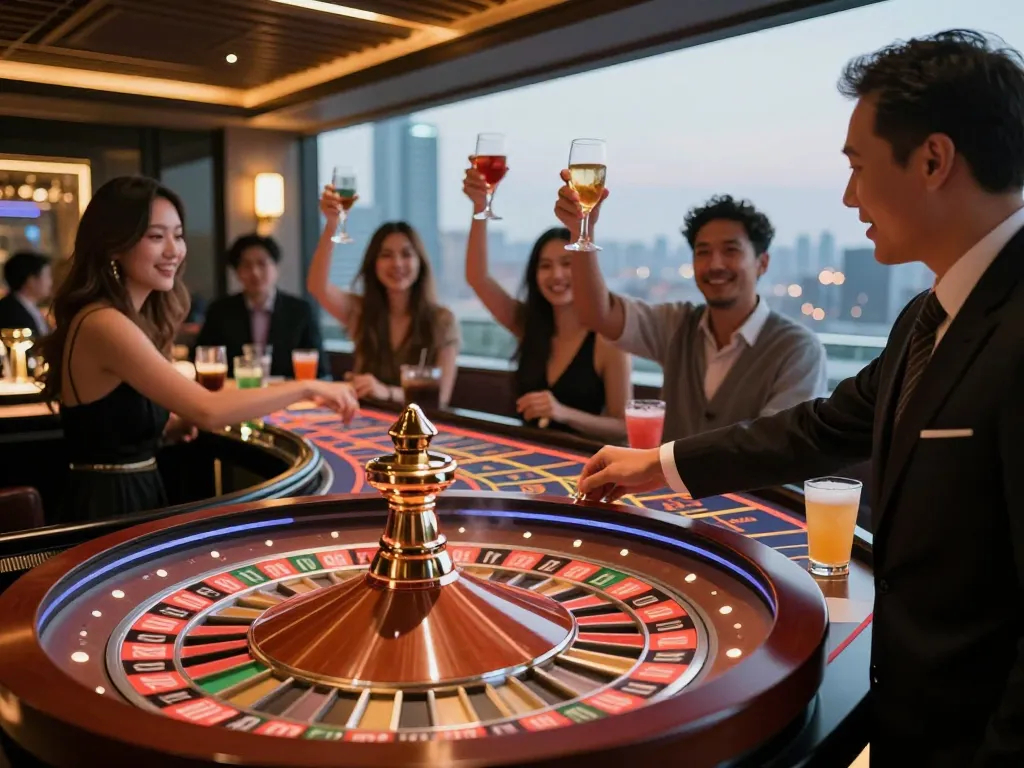 Players placing bets at OPEN88 roulette table lit by vibrant city skyline, showcasing luxury gaming atmosphere.