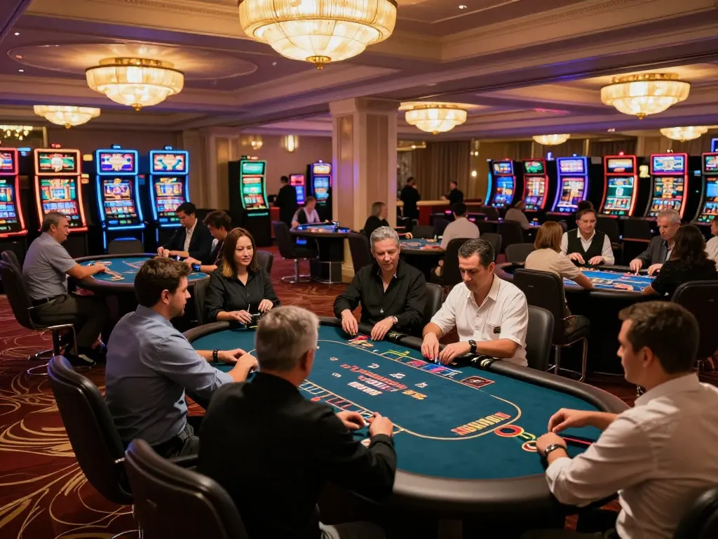 vnloto players enjoying dynamic poker games in an upscale casino atmosphere with colorful slot machines
