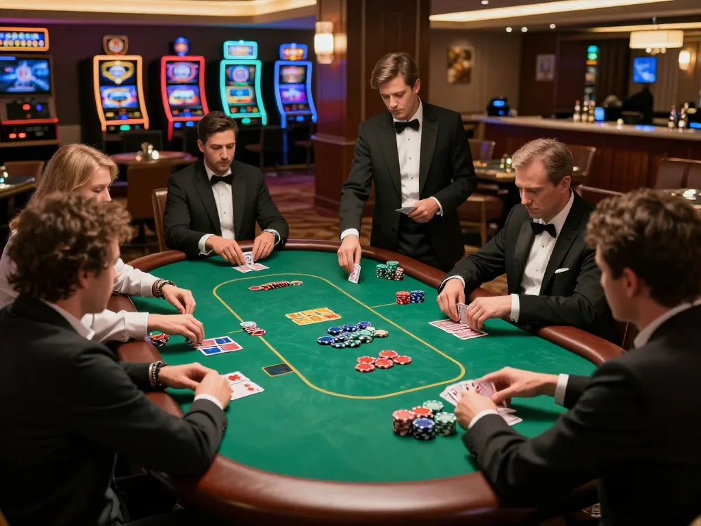 Players strategizing their next move at an EQ9 poker table in a luxurious casino.