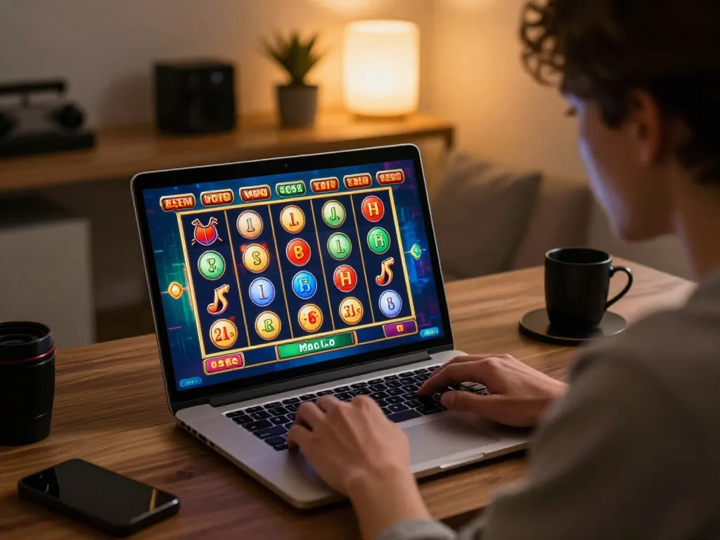 Freecuci365 player winning on a vibrant slots game at home, showcasing engaging online casino experience.