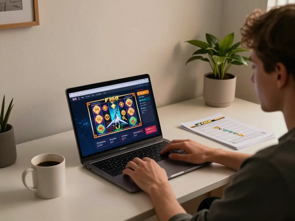 Player enjoying F168 online casino on laptop with vibrant slot games, showcasing engaged gaming experience.