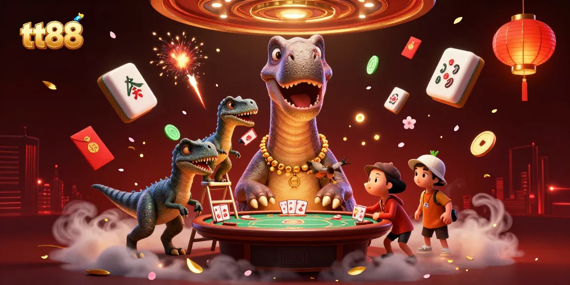 Experience exciting poker moments at tt88 with a towering dinosaur dealer and vibrant casino elements.