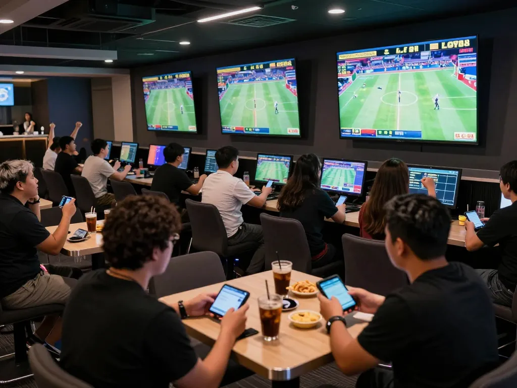 Engaging sports bettors celebrating wins at LC88's live betting lounge with multiple screens