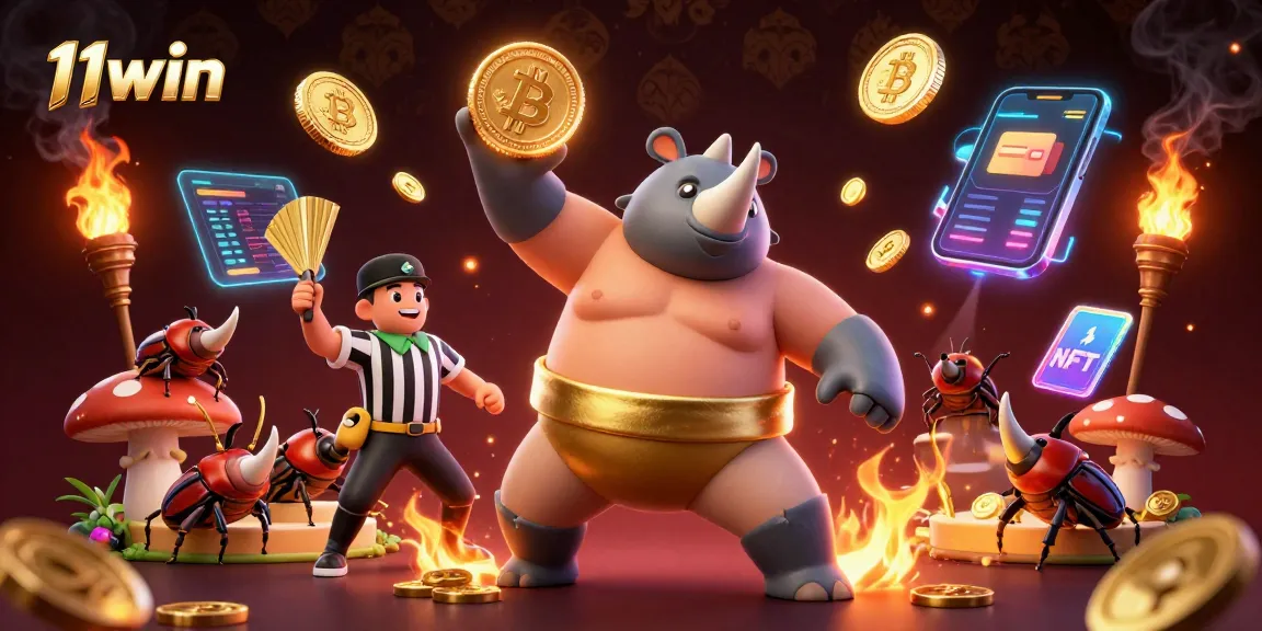 Experience 11win's thrilling realm with a sumo beetle champion amidst energetic crypto elements and vibrant visuals.