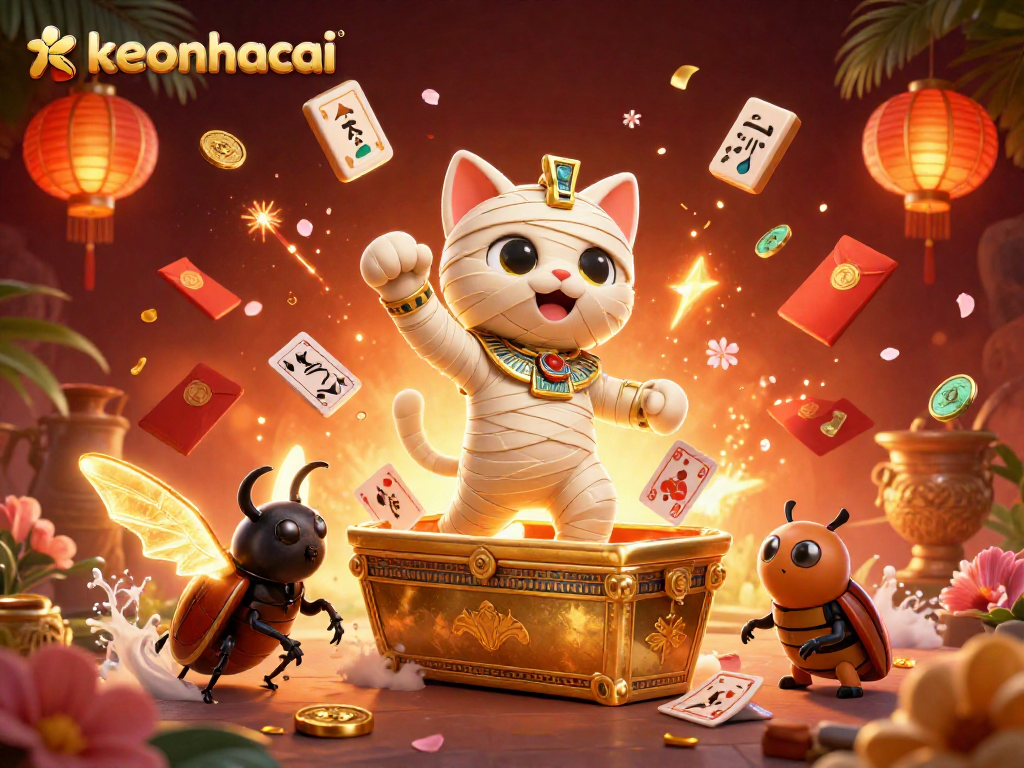 Experience keonhacai with a captivating scene of a mummy cat revealing treasures in a vibrant pyramid casino.