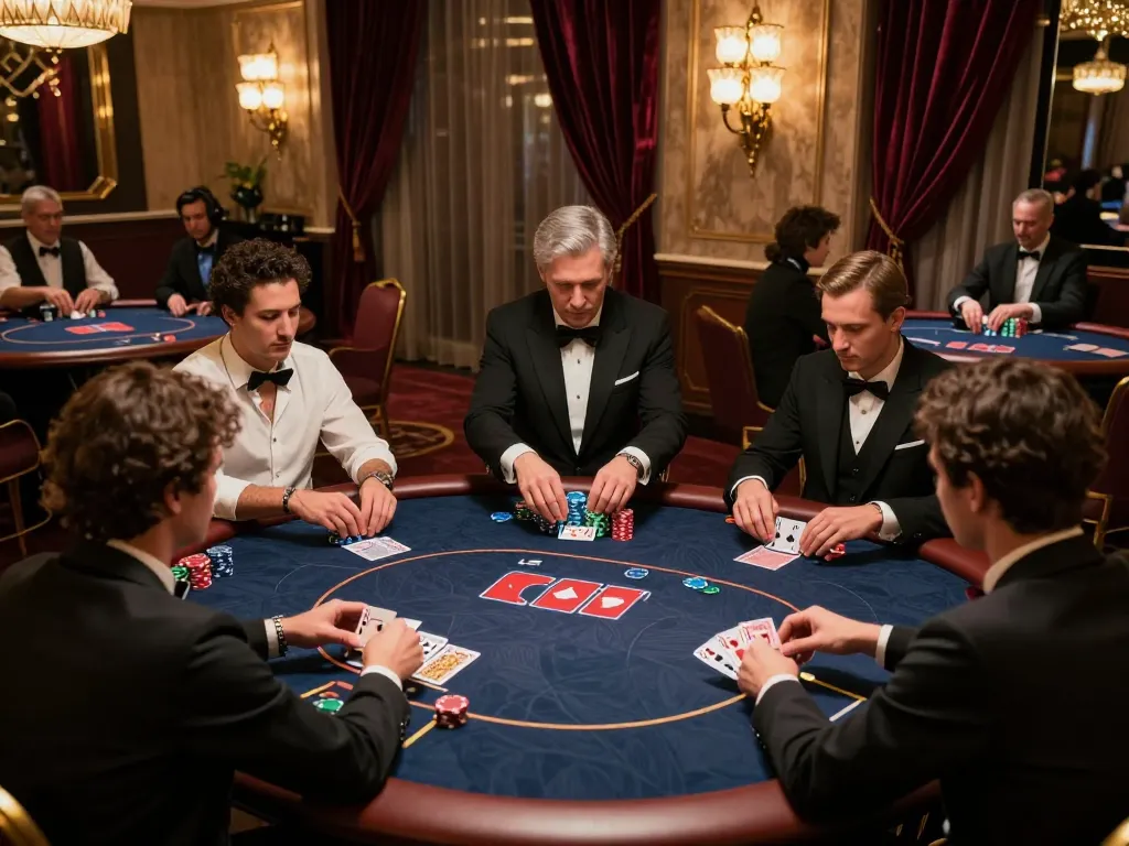 Players focus on game strategies at the HIT CLUB poker table in an elegant casino VIP room.