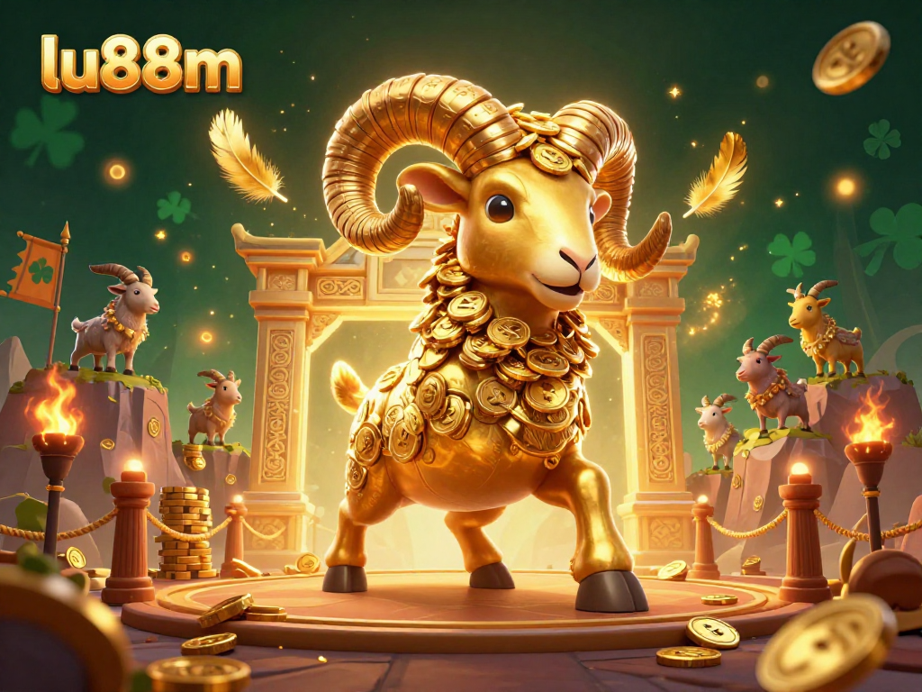 lu88m features a massive golden ram charging at a golden gate amidst swirling gold coins and ember particles