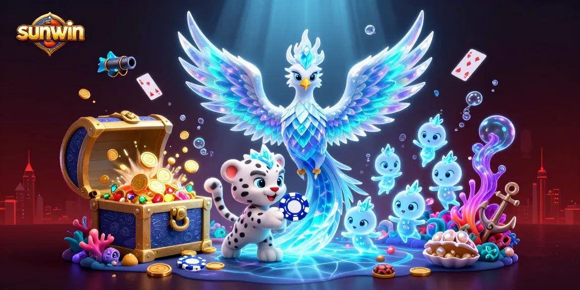 Join the exciting sunwin gaming scene with an ice phoenix and poker chip in a vibrant casino illustration.